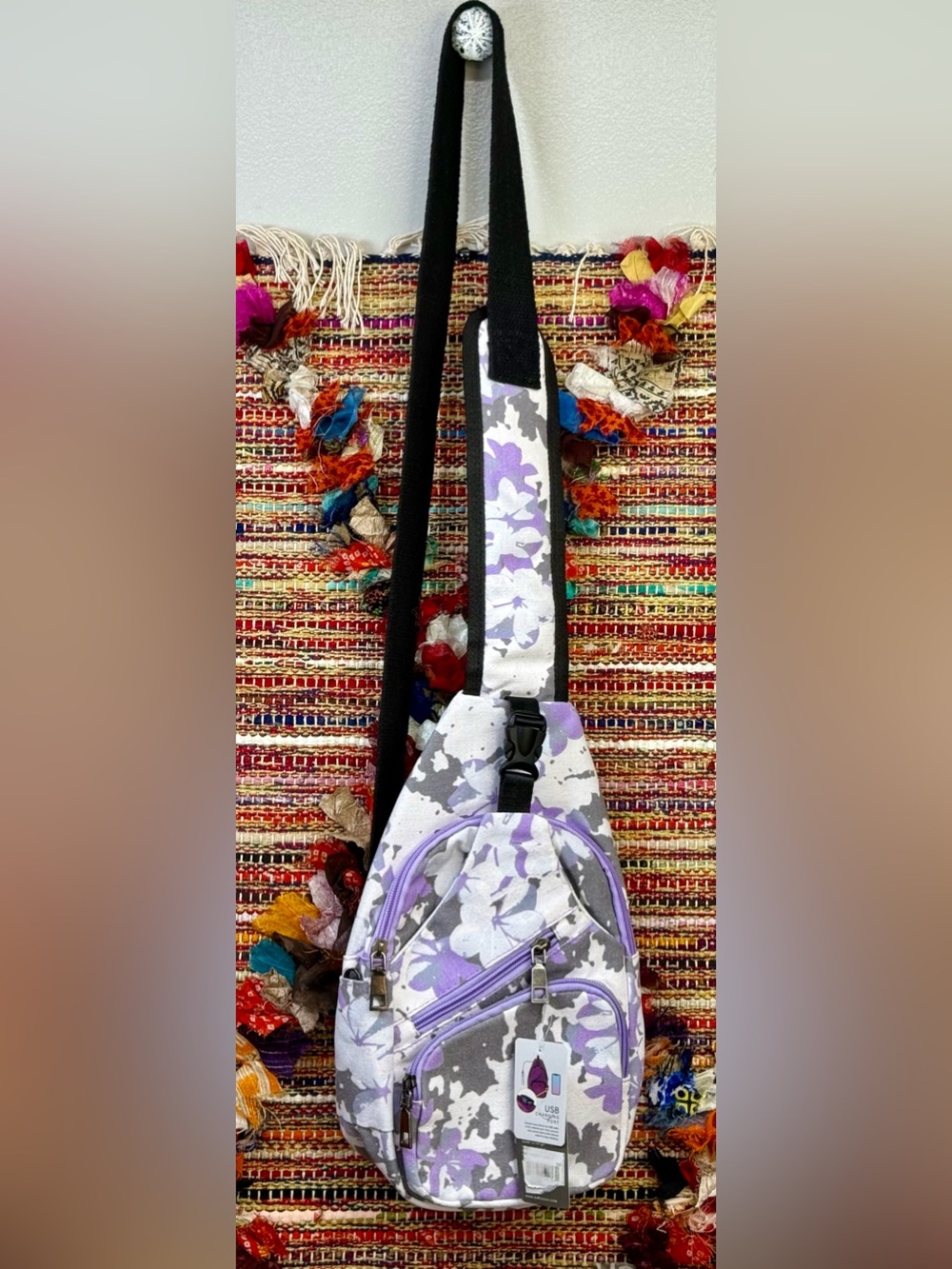 Lavender Floral Crossbody Sling Bag Adjustable Strap Anti Theft Charging Port